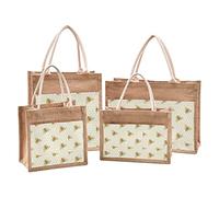 Jute Tote Bag,Bee and Honeycomb Vintage Shopping Bags Natural Jute Bag Mini Lunch Gift Tote with Front Canvas Pocket Small 25x18x25cm
