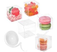 Jutieuo 100 Pack Clear Plastic Party Favor Boxes 2x2x2 Inches with Ribbons, Transparent Cube Treat Boxes for Candy Mini Cupcake & Chocolate Bomb, Individual Macaron Packaging Box for 2