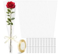 Jutieuo 100Pcs Single Rose Sleeve with Water Tube 100Pcs, Clear Plastic Single Flower Bag with Ribbon for Valentine's Day Gift Wrapping and Packaging, Florist Supplies