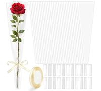 Jutieuo 100Pcs Single Rose Sleeves with 100Pcs Floral Water Tubes, Flower Wrapping Bags Single Flower Wraps with Ribbon for Valentine's Day, Birthday, Florist Supplies (Clear)