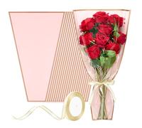 Jutieuo 50 PCS Pink Flower Bags for Bouquet, 17.8 x 11.2 Inch Clear Front Flower Sleeves Plastic Floral Wraps with Ribbons for Florist Arrangement Supplies