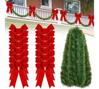 Jutom 30 ft Christmas Tinsel Garland for Stairs Railing with 12 Pcs 12 Inch Red Velvet Bows Garland for Party Decoration for Trees, Walls, Hedges, Stair Handrail, Doorways, Windows (Green)