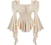 jutrisujo Beige Womens Renaissance Pirate Shirt Tops Medieval Long Sleeve Off The Shoulder Gothic Peasant Blouse Ruffled 6XL