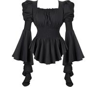 jutrisujo Black Womens Renaissance Pirate Shirt Tops Medieval Long Sleeve Off The Shoulder Gothic Peasant Blouse Ruffled M