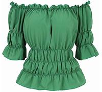 jutrisujo Blouses for Women Off The Shoulder Renaissance Tops Medieval Pirate Shirt Gothic Smocked Boho Short Sleeve Green 2XL