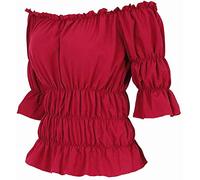 jutrisujo Blouses for Women Off The Shoulder Renaissance Tops Medieval Pirate Shirt Gothic Smocked Boho Short Sleeve Red L