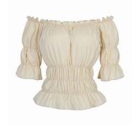 jutrisujo Blouses for Women Off The Shoulder Renaissance Tops Medieval Pirate Shirt Gothic Smocked Boho Short Sleeve Khaki 3XL