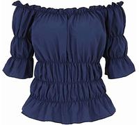 jutrisujo Blouses for Women Off The Shoulder Renaissance Tops Medieval Pirate Shirt Gothic Smocked Boho Short Sleeve Dark Blue XL