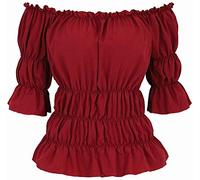 jutrisujo Blouses for Women Off The Shoulder Renaissance Tops Medieval Pirate Shirt Gothic Smocked Boho Short Sleeve Wine red XS
