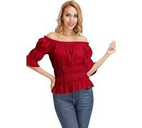 jutrisujo Blouses for Women UK Medieval Renaissance Top Pirate Gothic Off The Shoulder Short Sleeve Summer Plus Size Ladies Red XXS