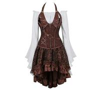 jutrisujo Brown Corset Dress Skirt 3 Set Women Steampunk Gothic Punk Bustier Pirate Costume Halloween Plus Size 3XL