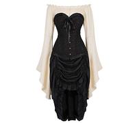 jutrisujo Corset Dress Bustier Skirt Top 3pcs Set Medieval Women Gothic Halloween Lace up Moulin Rouge Party Khaki Black XXS