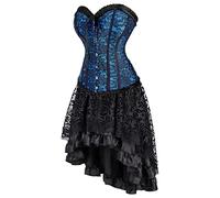 jutrisujo Corset Dress Bustiers Gothic with Skirt Set lace up Burlesque Halloween Flower Blue Black 4XL