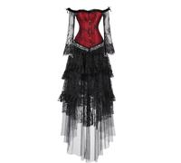 jutrisujo Corset Top Skirt Set Dress Bustier Lace Long Sleeves Floral Plus Size Costume Halloween Fairy Women Red 6XL