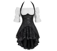 jutrisujo Pirate Costume Renaissance Underbust Corset Dress Skirt 3 Set Women Tailcoat Outfits Gothic Halloween Black 3XL