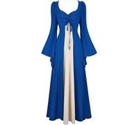 jutrisujo Renaissance Medieval Dress Costume Women Maxi Long Flared Sleeve Pirate Peasant Wench Retro Gown Blue XS