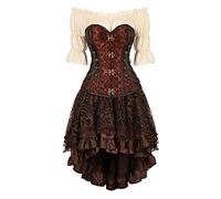 jutrisujo Steampunk Corset Dress Bustier Top Skirt Shirt 3 pcs Leather Gothic Pirate Victorian Burlesque Halloween Costume Brown 2XL