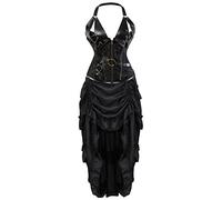 jutrisujo Steampunk Corset Dress Leather Bustier Top Skirt Set Gothic Pirate Victorian Burlesque Halloween Costume Black M