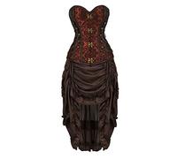 jutrisujo Steampunk Corset Dress Leather Bustier Top Skirt Set Gothic Pirate Victorian Burlesque Halloween Costume Brown 3XL