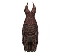 jutrisujo Steampunk Corset Dress Leather Bustier Top Skirt Set Gothic Pirate Victorian Burlesque Halloween Costume Brown M