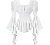 jutrisujo White Womens Renaissance Pirate Shirt Tops Medieval Long Sleeve Off The Shoulder Gothic Peasant Blouse Ruffled M