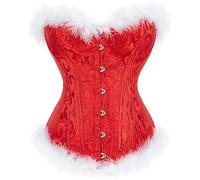 jutrisujo Women's Christmas Santa Costume Sexy Overbust Corset Bustier Top White Feathers Plus Size Red M