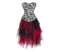jutrisujo Women's Corset Top with Dress Skirt Tulle Overbust Skull Basque Gothic Showgirl Costumes Plus Size Black S