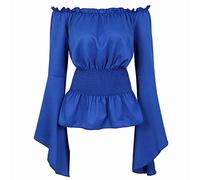 jutrisujo Womens Renaissance Pirate Shirt Tops Medieval Long Sleeve Off The Shoulder Gothic Peasant Blouse Ruffled Smocked Boho Blue 5XL