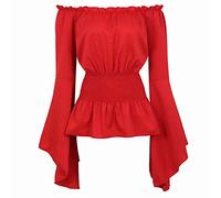 jutrisujo Womens Renaissance Tops Medieval Long Sleeve Off The Shoulder Pirate Shirt Gothic Peasant Blouse Smocked Boho Red M