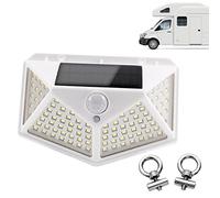 JUTTAUTO 2pcs Caravan Awning LED Lights Solar 100LED Motorhome Porch Exterior Lamp Motion Sensor Wall Light with 4pcs Slide on Awning Rail Stoppers for Van RV Camper Campervan Outdoor Lighting (1pc)