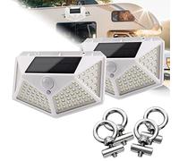 JUTTAUTO 2pcs Caravan Awning LED Lights Solar 100LED Motorhome Porch Exterior Lamp Motion Sensor Wall Light with 4pcs Slide on Awning Rail Stoppers for Van RV Camper Campervan Outdoor Lighting