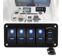 JUUDDENPARTS 4 Gang Toggle Switch Panel, Waterproof 12V/24V Rocker Switch with 4.8A Dual USB Charger, Black Switch Board Toggle Switches, LED Voltmeter for Car, RV, Boat, and Truck