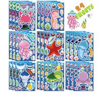 JUUFLA 24 PCS Ocean Sea Animals DIY Stickers, Ocean Theme Party Bag Fillers Gift Set for Kids, Shark Crab Make a Face Sticker Sheets Birthday Party Decorations Party Supplies, Ocean Party Favours