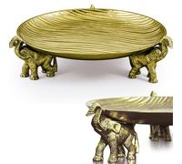 JUUVANA - Round Decorative Tray with Elephant Stands, Antique Gold - Tray for Coffee Table, Home Decor, Centerpiece, Serving Platter & More - Circular Tray with Symbolic Elephants