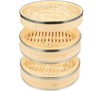 Juvale Bamboo Steamer With Steel Rings - 2-Tier Dumpling Bun Steamer, 10 X 6.7 Inches