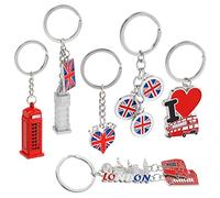 Juvale London Keychains - 6-Pack Souvenir Key Rings, 6 Assorted Designs Including Double-Decker Bus, Red Telephone Booth, Big Ben, and UK Flag, Silver, Red and Blue