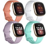 JUVEL Pack 4 Straps Compatible with Fitbit Versa 3 Strap/Fitbit Versa 4/Fitbit Sense/Sense 2 Strap, Soft Sport Silicone Replacement Wristbands for Women Men, Large Peach/Auqa/Lavender/White