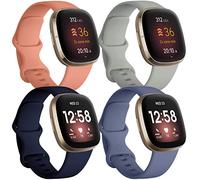 JUVEL Pack 4 Straps Compatible with Fitbit Versa 3 Strap/Fitbit Versa 4/Fitbit Sense/Sense 2 Strap, Soft Sport Silicone Replacement Wristbands for Women Men, Large Peach/Grey/Blue/Blue Grey