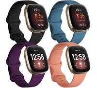 JUVEL Pack 4 Straps Compatible with Fitbit Versa 3 Strap/Fitbit Versa 4/Fitbit Sense/Sense 2 Strap, Soft Sport Silicone Replacement Wristbands for Women Men, Large Black/Slate Blue/Plum/Peach