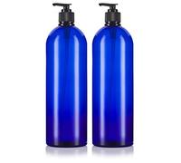 JUVITUS (2 pack) 32 oz Cobalt Blue Boston Round PET Plastic Bottles with Black Lotion Pump