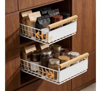 Juwacoo 2 Pcs Pull Out Cabinet Organiser, Pull Out Kitchen Storage Foldable Drawer Organiser, Pull Out Shelf Drawer Organiser with Handle, No Drill Slide Out Drawer for Kitchen Cupboard,Bathroom,White