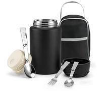 Juwacoo Food Flask with Foldable Fork and Spoon, 800ml (28oz) Stainless Steel Vacuum Insulated Food Container, Thermal Lunch Box Soup Container, Leakproof Hot Cold Soup Jar, Black