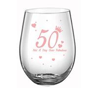 JUWNMANT 50th Birthday Gift with Funny Sayings, Not A Day Over Fabulous - Rose Gold Wine Glass for Men and Women, 17 Oz Stemless - Party, Wedding, Anniversary Decorations (50)