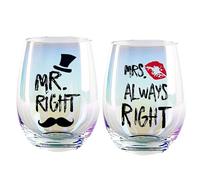JUWNMANT Set of Two Mr. Right and Mrs. Always Right Colored Wine Glass, no Handle Wine Glasses for Wedding, Engagement Gift, Christmas Valentine's Day Couple Wedding Gift