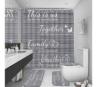 juwute 4Pcs Family Shower Curtain Sets with Non-Slip Rugs, Toilet Lid Cover and Bath Mat, Grey Home Bathroom Decor Set Accessories Waterproof Shower Curtains with 12 Hooks, 72 x 72 Inch
