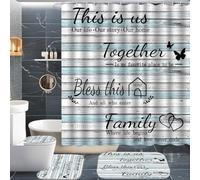 juwute 4Pcs Family Shower Curtain Sets with Non-Slip Rugs, Toilet Lid Cover and Bath Mat, Wood Grain Home Bathroom Decor Set Accessories Waterproof Shower Curtains with 12 Hooks, 72 x 72 Inch