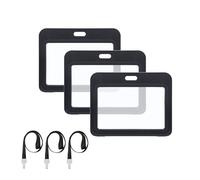 Juxiamal 3pcs ID Badge Holder with Lanyard, Double-Sided Transparent Horizontal Hard Case for Office School ID Credit Cards Passes Proximity Key Cards and Name Tags (Black)