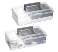 JUXYES 2 Pack Plastic Carry Storage Box with Removable Dividers, Clear Art Craft Supply Storage Bin Sewing Box With Handle Lid, 2 Layers Stationery Storage Case for School/Office Supplies Gray