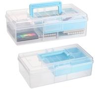 JUXYES 2 Pack Plastic Carry Storage Box with Removable Dividers, Clear Art Craft Supply Storage Bin Sewing Box With Handle Lid, 2 Layers Stationery Storage Case for School/Office Supplies Light Blue