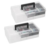 JUXYES 2 Pack Plastic Carry Storage Box with Removable Dividers, Clear Art Craft Supply Storage Bin Sewing Box With Handle Lid, 2 Layers Stationery Storage Case for School/Office Supplies Black
